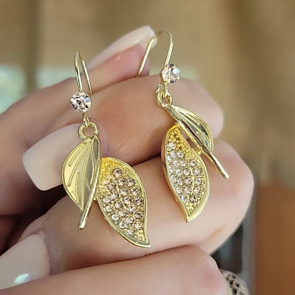 Dainty Shimmer Leaf Drop Earrings - Picture 1 of 7